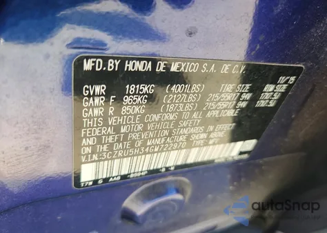 2016 Honda Hr-V Lx из США, поврежденный, VIN 3CZRU5H34GM722970